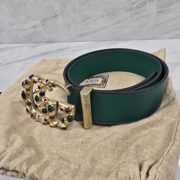 🔥RARE🔥Gucci Green Leather Logo Belt with Jeweled Double G Buckle - Picture 4 of 7